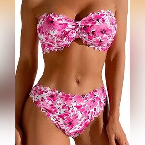 NWT Women's Two Piece Sexy Strapless Tube Top Mid Waist Pink Floral Bikini